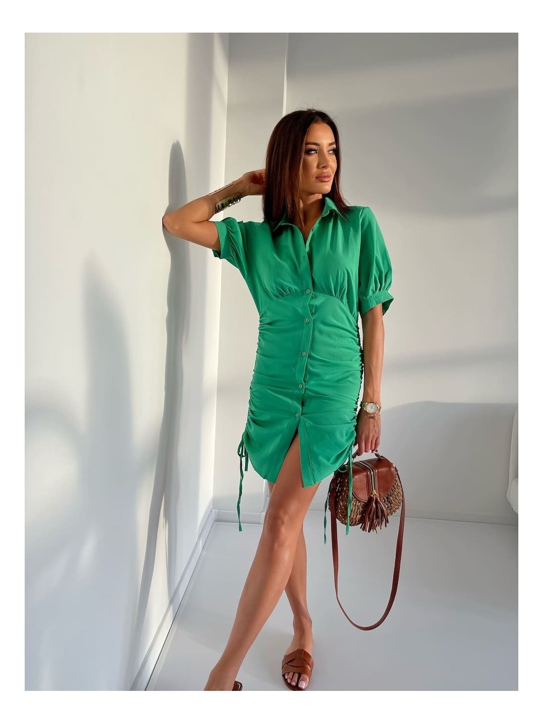 Shirt dress with ruffles on the sides, green FG649 - Online store - Boutique